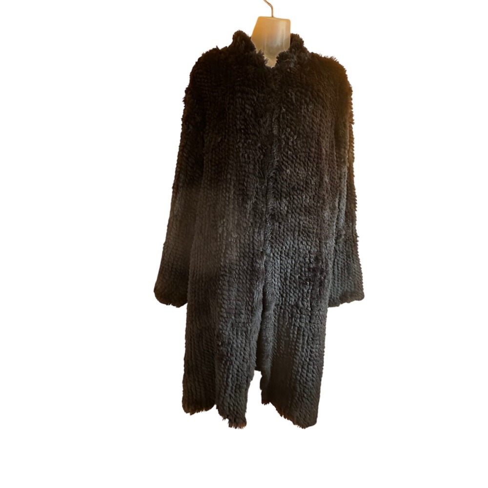 Chicos Black Sheared Rex Rabbit Fur Coat Longline Open Front Jacket Size 3 XL